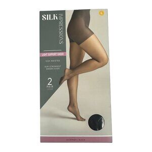 Silk Impressions Light Support Sheer High-Waisted Pantyhose L Black 2 Pairs
